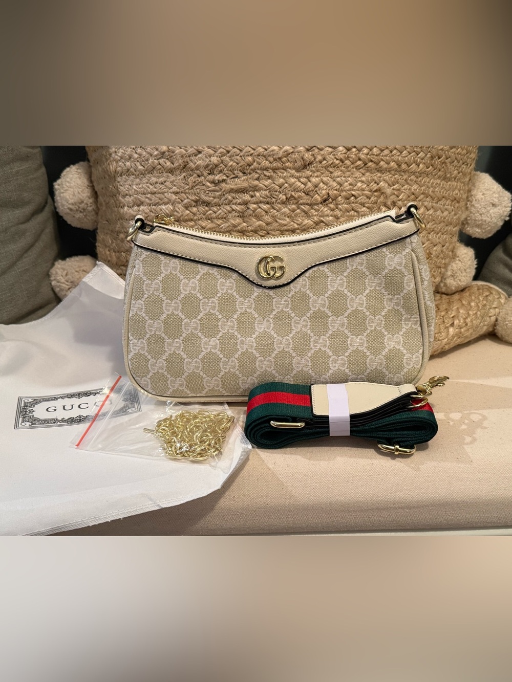 GG Cream/Beige GG Canvas Shoulder Bag with Gold Hardware